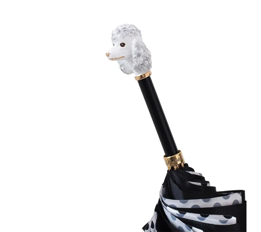 obrazek 7 Stylowy czarno biały parasol damski w czarne kropki z rączką zdobioną głową pudla - Pasotti