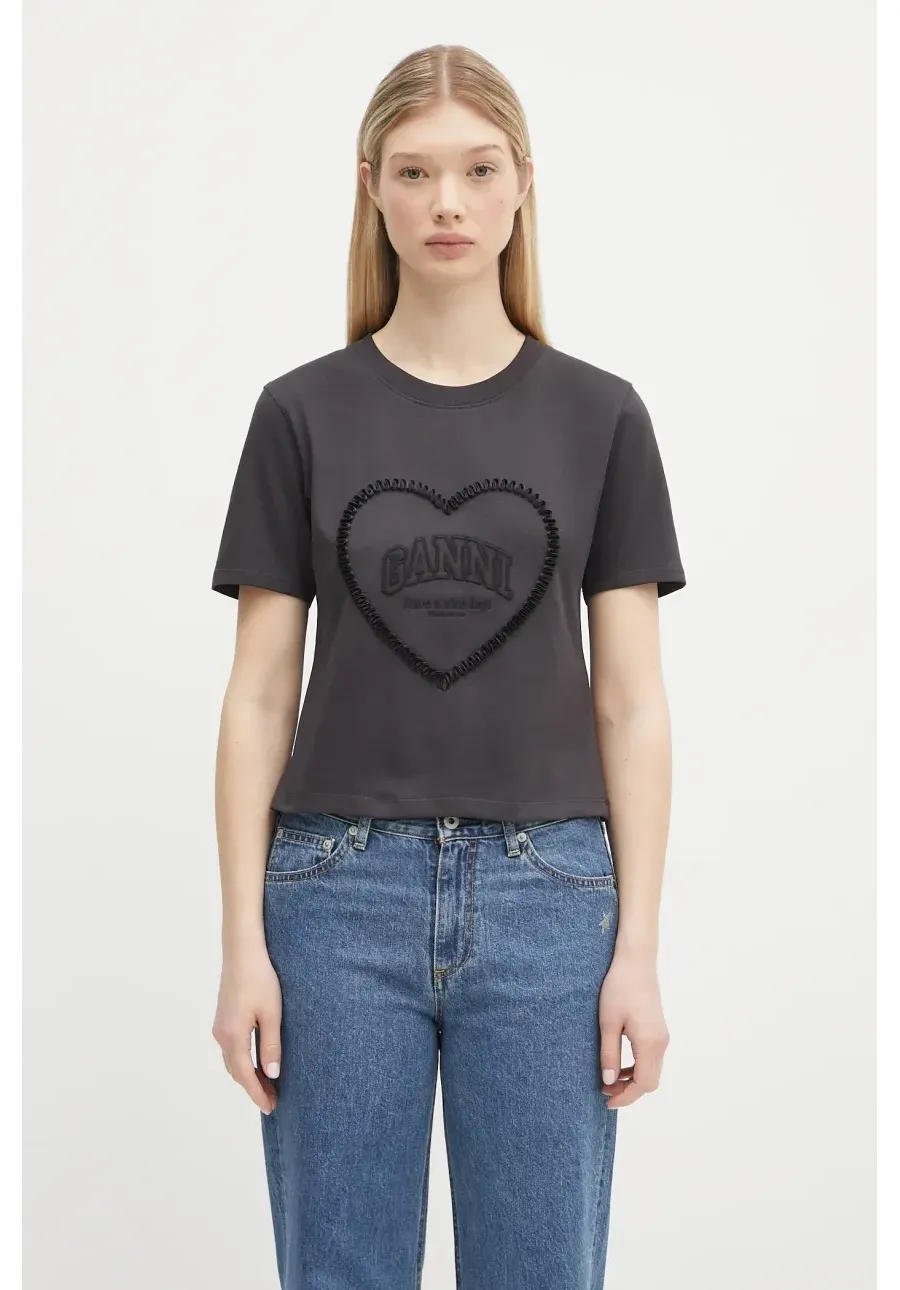 obrazek 1 GANNI t-shirt bawełniany Heavy Cotton Heart Small damski kolor szary T4178