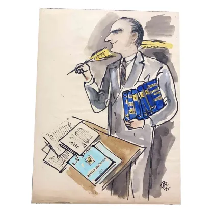 Picture Caricature of the music critic Abbiati made in watercolor on paper by Mario Vellani Marchi in 1955