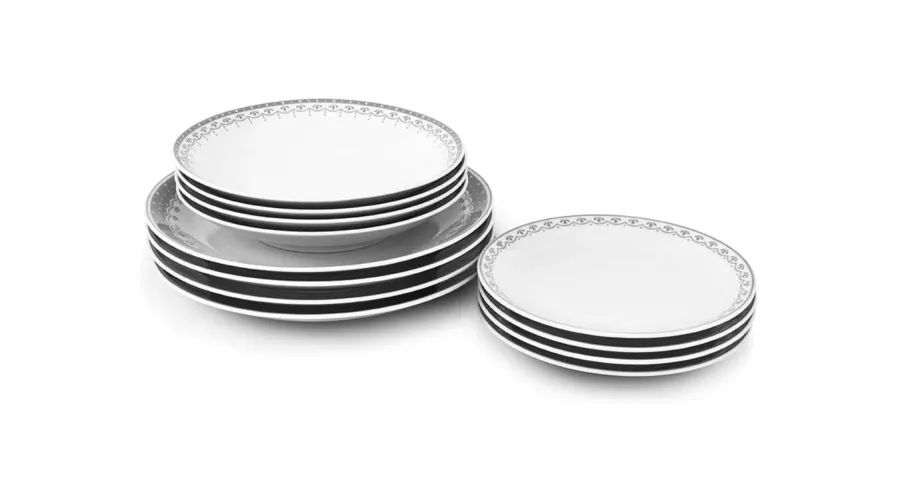 obrazek 1 Stylowy 12-elementowy zestaw porcelanowych talerzy w kolorze szarym z delikatnym zdobieniem – Leander