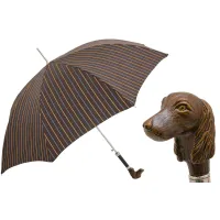 Picture A unique brown men's umbrella with vertical stripes with a handle in the shape of a dog's head - Pasotti