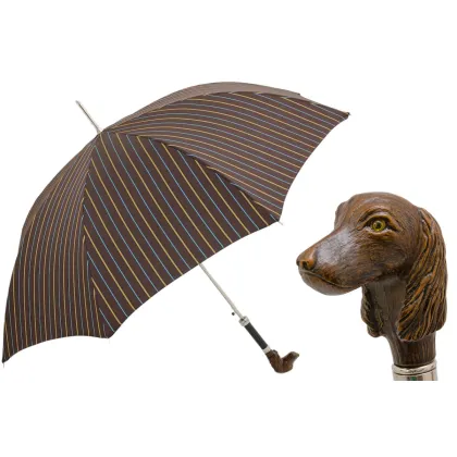 Picture A unique brown men's umbrella with vertical stripes with a handle in the shape of a dog's head - Pasotti
