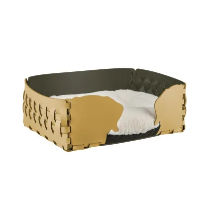 Zdjęcie Skórzane stylowe legowisko dla psa 35x20xH15 cm zdobione motywem psich głów w kolorze musztardowym