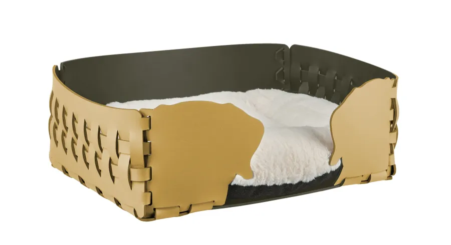 obrazek 1 Skórzane stylowe legowisko dla psa 35x20xH15 cm zdobione motywem psich głów w kolorze musztardowym