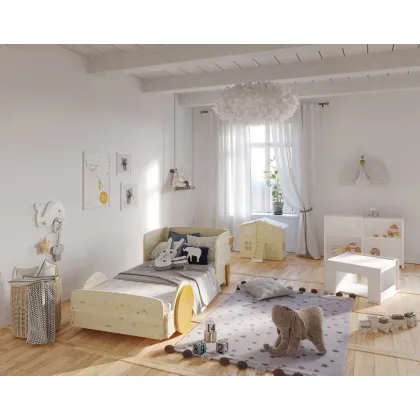 Zdjęcie Łóżko samochód dla chłopca z litego drewna z dodatkowym wysuwanym pojemnikiem na pościel/łóżkiem - Mathy by Bols