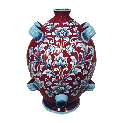 Picture Italian ceramic vase with decoration on a shiny dark red glaze