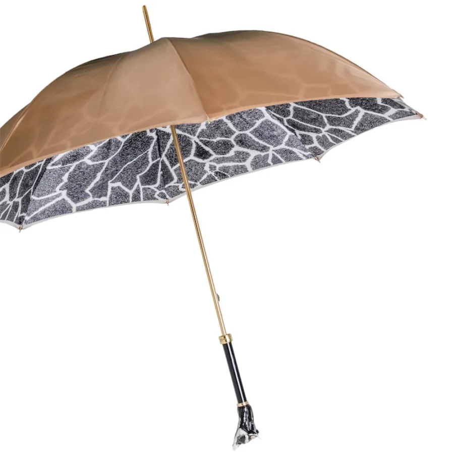 obrazek 5 Wyjątkowy beżowy parasol damski zdobiony wzorem w czarne łaty z rączką zdobioną głową szopa – Pasotti