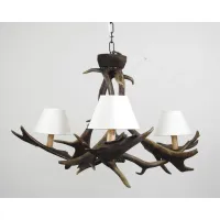 Picture A chandelier made of fallow deer antlers with lampshades in several colors