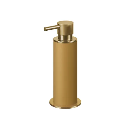 Picture Gold-plated dispenser Ø7xH19 cm with mustard-colored leather body