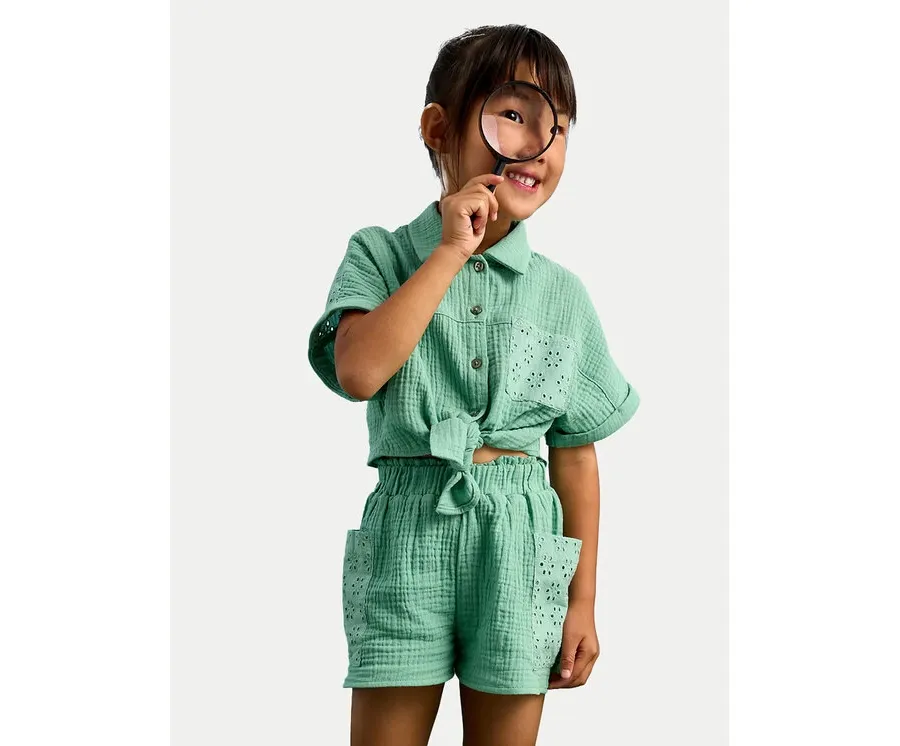 obrazek 1 Mayoral Komplet koszula i szorty materiałowe 3210 Zielony Regular Fit