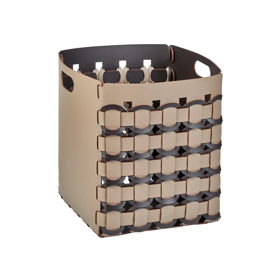 obrazek 1 Skórzany kosz Geometria Rotonda 35x35xH40 cm w kolorze cappuccino z okrągłym splotem