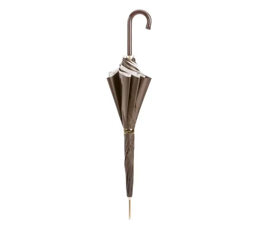 obrazek 2 Stylowy brązowy parasol damski w stylu nowoczesnym ze skórzaną rączką - Pasotti