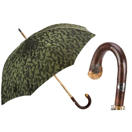 Picture Prestigious dark green men's umbrella with a camouflage pattern and original wooden handle - Pasotti