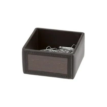 Picture Elegant paper clip container made of black cowhide and smoked oak wood