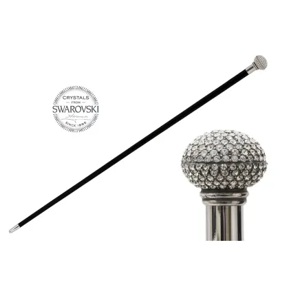 Zdjęcie Stylowa czarna laska z uchwytem w kształcie kuli zdobionej kryształkami Swarovskiego – Pasotti