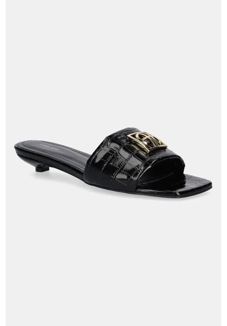 obrazek 1 Anine Bing klapki skórzane Ria Sandals Monogram damskie kolor czarny na małym obcasie A.14.10784
