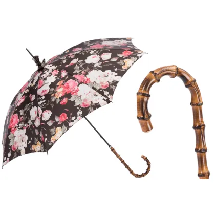 Zdjęcie Wyjątkowy ciemnobrązowy parasol damski w piękne kwiaty - Pasotti