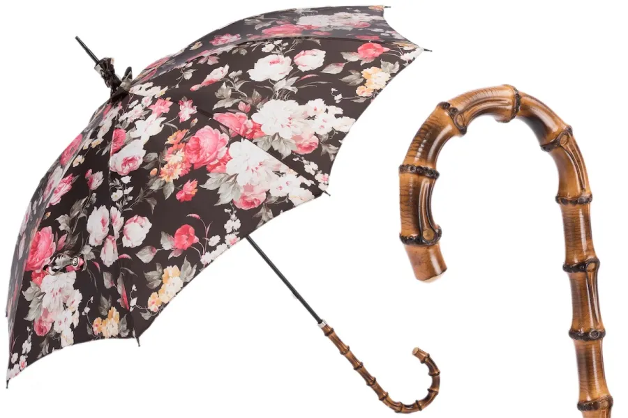 obrazek 1 Wyjątkowy ciemnobrązowy parasol damski w piękne kwiaty - Pasotti