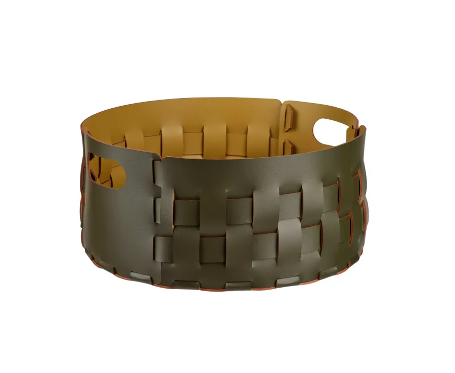 obrazek 1 Ekskluzywny skórzany kosz Bottega Ø40xH20 cm w kolorze ciemnooliwkowym