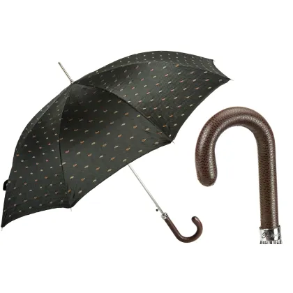 Picture Classic men's umbrella with a fine, geometric pattern and a brown leather handle - Pasotti