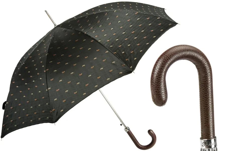 obrazek 1 Klasyczny parasol męski w drobny, geometryczny wzór ze skórzaną brązową rączką – Pasotti