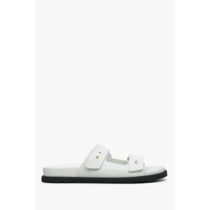 Zdjęcie Estro: Białe skórzane klapki damskie z regulowanymi grubymi paskami