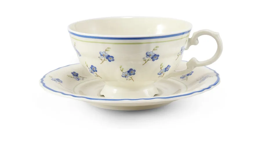 obrazek 1 Ekskluzywna filiżanka do herbaty ze spodkiem z porcelany w kolorze kości słoniowej zdobiona motywem niezapominajek – Leander
