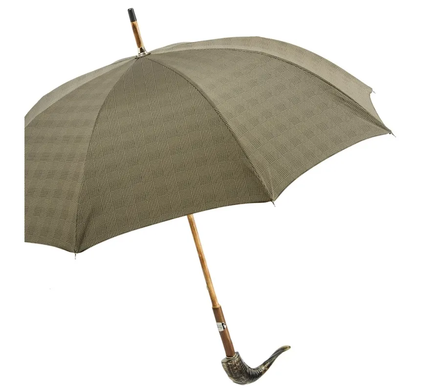 obrazek 8 Ekskluzywny brązowy parasol męski z rączką z rogu - Pasotti
