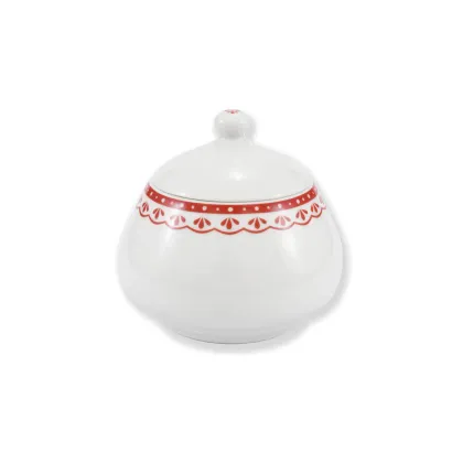 Zdjęcie Stylowa cukiernica z porcelany z delikatnym zdobieniem w kolorze czerwonym z kolekcji HyggeLine – Leander