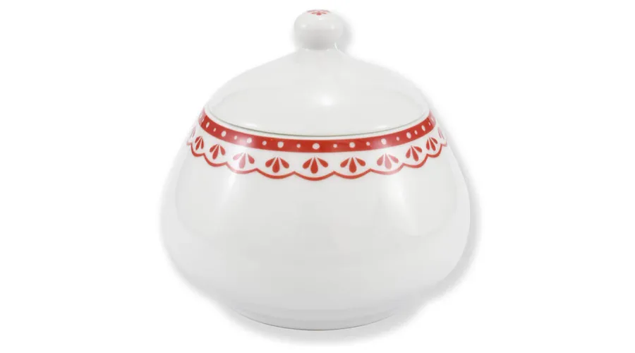 obrazek 1 Stylowa cukiernica z porcelany z delikatnym zdobieniem w kolorze czerwonym z kolekcji HyggeLine – Leander