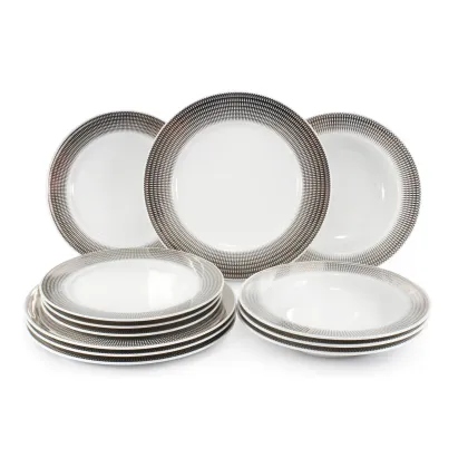 Zdjęcie Nowoczesny 12-elementowy zestaw talerzy z porcelany ze srebrnym zdobieniem z kolekcji Angel wings – Leander