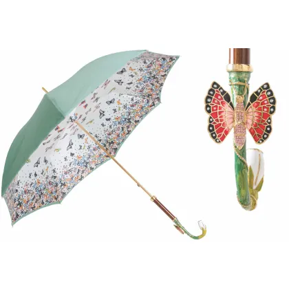 Zdjęcie Subtelny turkusowy parasol damski z piękną rączką zdobioną motylem – Pasotti