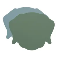 Picture A stylish leather table mat in the shape of a dog's head, made of blue and eucalyptus leaves