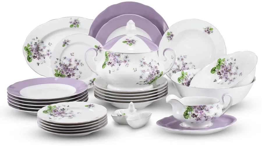 obrazek 1 Ekskluzywna 25-częściowa zastawa obiadowa z porcelany zdobiona kwiatami fiołków – Leander
