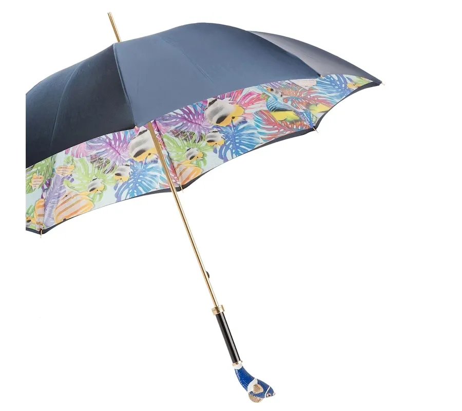 obrazek 7 Oryginalny granatowy parasol damski zdobiony roślinnym motywem z rączką w kształcie ryby – Pasotti
