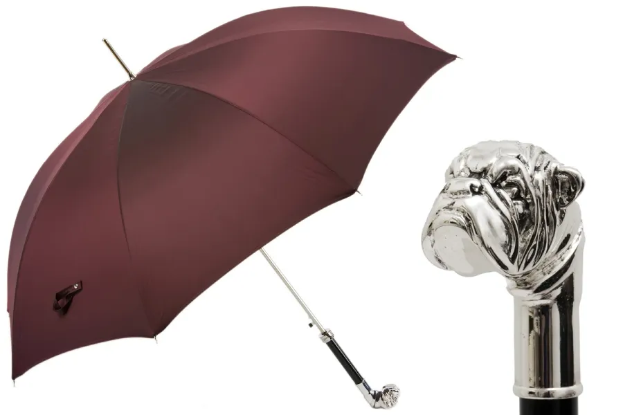 obrazek 1 Piękny stylowy parasol męski w kolorze bordowym z rączką w kształcie srebrnego buldoga - Pasotti