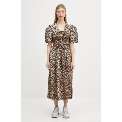 Zdjęcie GANNI sukienka bawełniana Printed Cotton Tie Strap Midi kolor brązowy midi rozkloszowana W0373