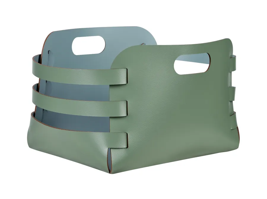 obrazek 1 Designerski skórzany koszyk Riga w wyjątkowym kolorze eukaliptusa