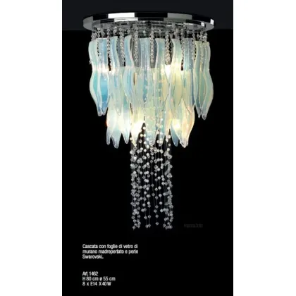 Zdjęcie Żyrandol o kształcie wodospadu z liśćmi ze szkła Murano z masy perłowej i pereł Swarovskiego - Il Paralume Marina