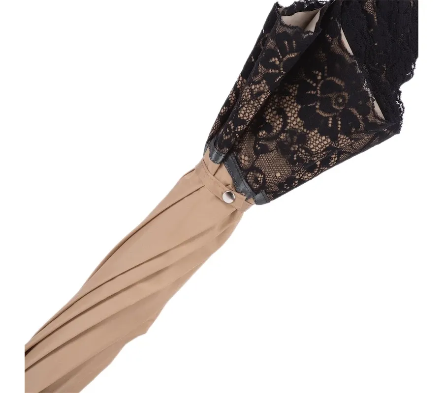 obrazek 5 Stylowy beżowy parasol damski zdobiony czarną koronką – Pasotti