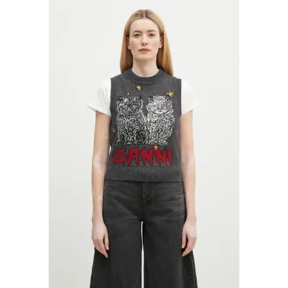 Zdjęcie GANNI sweter z domieszką wełny Graphic Wool Mix Cats Vest damski kolor szary ciepły K2375
