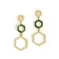 Picture Silver earrings plated with 18-carat gold, finished with white zircons and green enamel