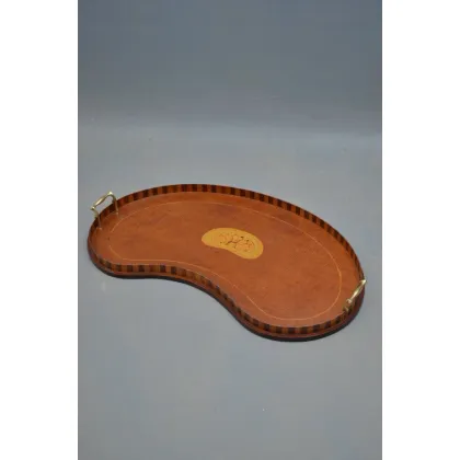 Picture Edwardian mahogany kidney-shaped tray with inlaid center and original brass handles
