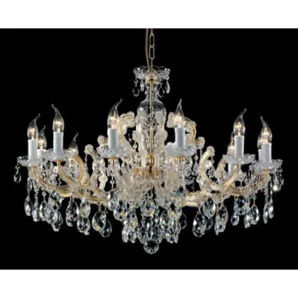 Zdjęcie Stylowy żyrandol Mariateresa z pozłacaną metalową ramą pokrytą szklanymi ramionami i przezroczystymi kryształowymi zawieszkami - Il Paralume Marina