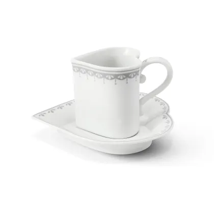 Zdjęcie Stylowa filiżanka ze spodkiem z porcelany w kształcie serca z delikatnym szarym zdobieniem – Leander