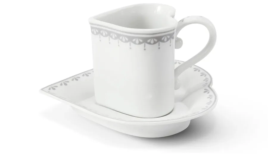 obrazek 1 Stylowa filiżanka ze spodkiem z porcelany w kształcie serca z delikatnym szarym zdobieniem – Leander