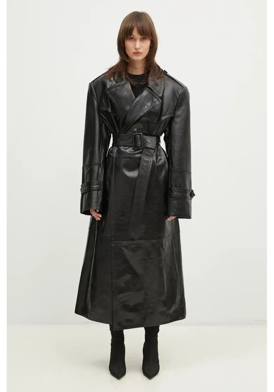 obrazek 1 Sportmax płaszcz skórzany Alfeo1234 damski kolor czarny przejściowy niezapinany 2422476013600