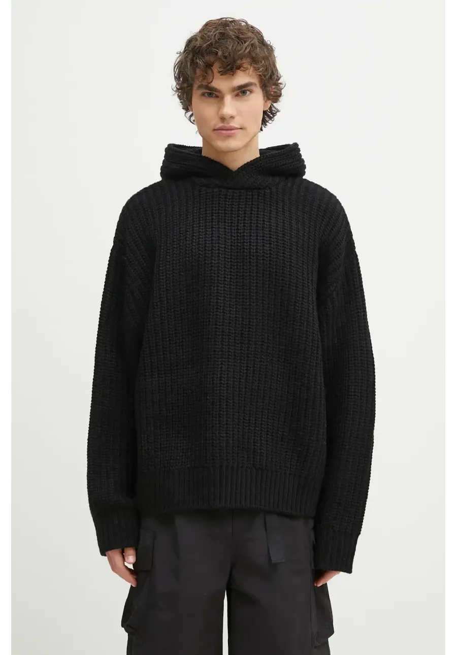 obrazek 1 MKI MIYUKI ZOKU sweter z domieszką wełny Chunky Rib Knit Hoody męski kolor czarny ciepły CHUNKY.RIB.KNIT.HOODY.B