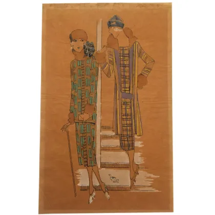 Picture Sketch for clothing patterns circa 1911. Drawn in ink and watercolor on paper