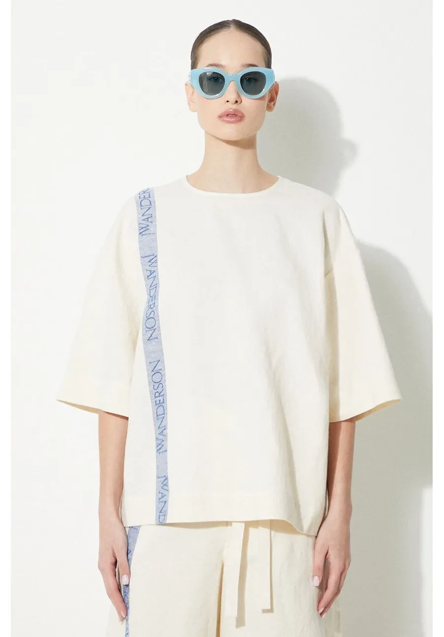 obrazek 1 JW Anderson bluzka z domieszką lnu Boxy T-Shirt kolor beżowy wzorzysta TP0320.PG1483.046